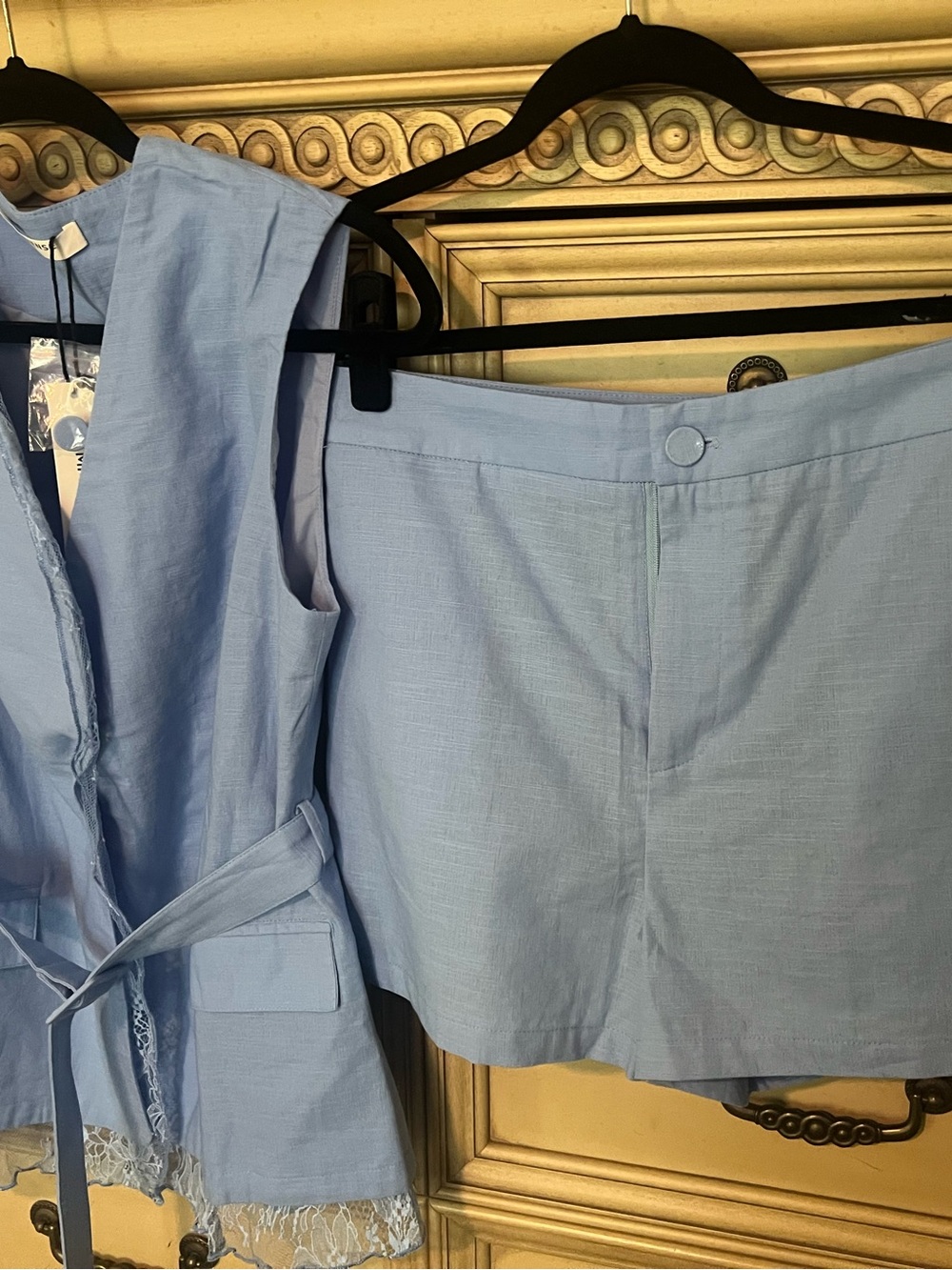 Commense Cotton Linen Blue Lace Belted Vest & Shorts Set M - Picture 10 of 17